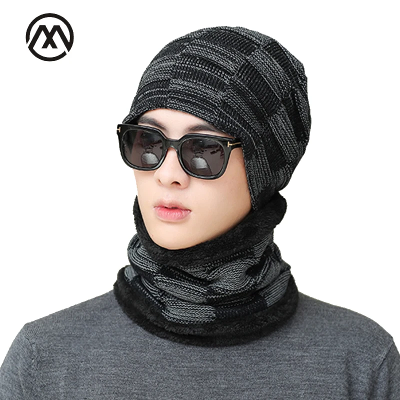 Зимняя мужская вязанная хлопковая шапка, теплая и удобная бархатная Толстая Лыжная маска, шапка, шарф, мужская шапка, тюрбан, мужские шапки, шапки с черепами