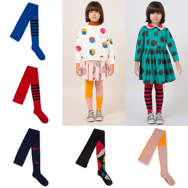 

Bobo Choses Autumn 2018 Baby Girls Tights Geometric Striped Kids Long Stockings Cotton Knee Highs Children Patchwork Tights