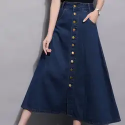 Женская длинная юбка свободные карманы с высокой талией однобортная джинсовая юбка большой качели зонтик юбка XXXL