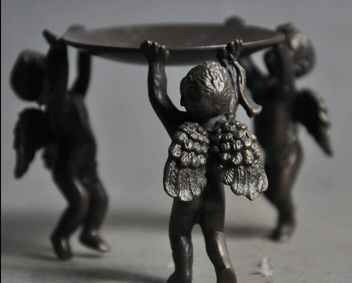 ZSR 004282 China Folk Collect old Bronze Cupid Angel Wing Candlesticks Menorah Plate Statue | Дом и сад