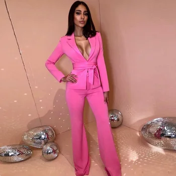 

China 2019 Rose Red Fashion Long Sleeve Belt Two Piece Office Suits Women Sexy V-Neck Celebrity Wide Leg New Party Suit