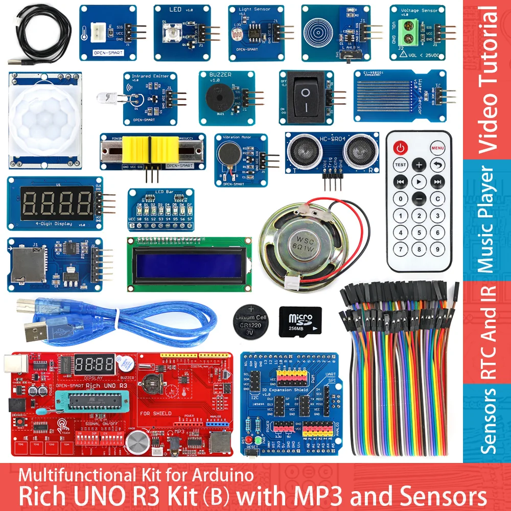 Богатый UNO R3 Atmega328P макетный модуль датчика стартовый комплект для Arduino с IO Shield MP3 DS1307 RTC датчик температуры