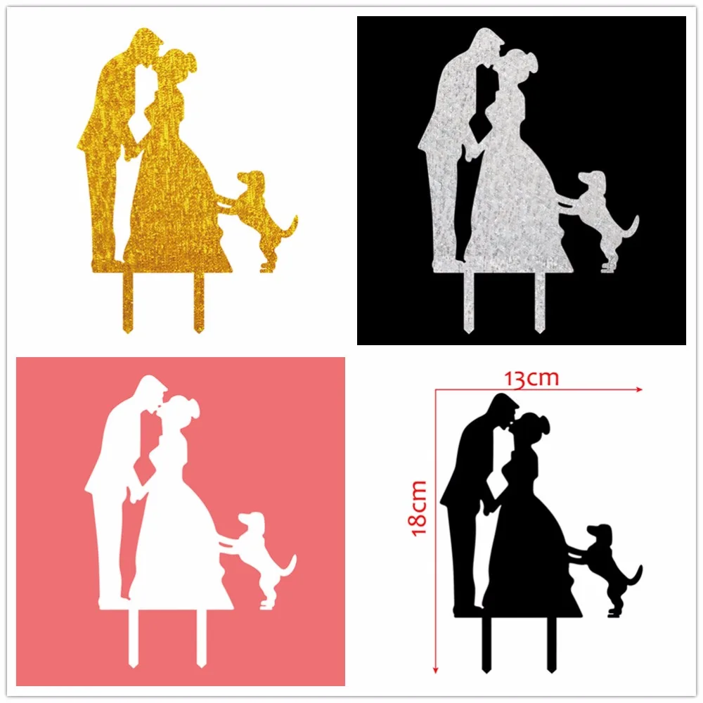 

Free Shipping Gold/Silver Wedding Birde & Groom Acrylic Cake Topper with Dog Sweet Kissing Couple Cake Stand Top Decorating