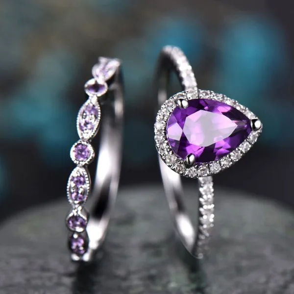 Женское фиолетовое кольцо в форме капли воды в стиле бохо, Модный комплект из серебра 925 пробы, обручальное кольцо с аметистом, винтажное обручальное кольцо с фианитами для женщин