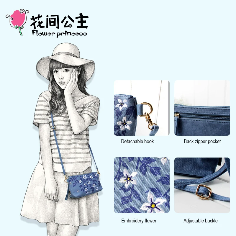  Flower Princess Embroidery Handbags Women Summer Small Messenger Bag Girl Retro Canvas Clutch Bag F - 32990955127