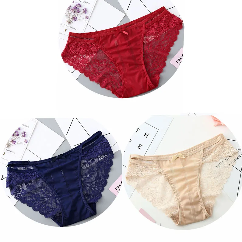 3PCS-2165-6 3 шт./компл. пикантные прозрачные кружевные трусики, сексуальные женские трусики Для женщин; мягкие трусы; трусики с бантом нижнее белье нейлоновые шелковые для дам - Цвет: 3PCS-2165-6