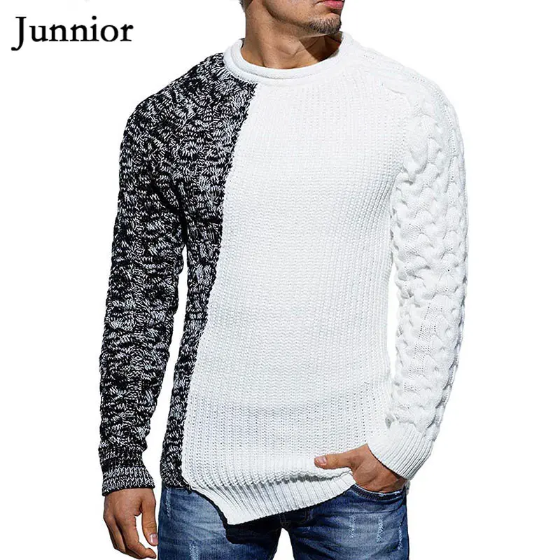 

2019 Winter Autumn Mens Patchwork Sweaters Round Neck Warm Pullovers Long Sleeve Casual Black and White Sweater for Man