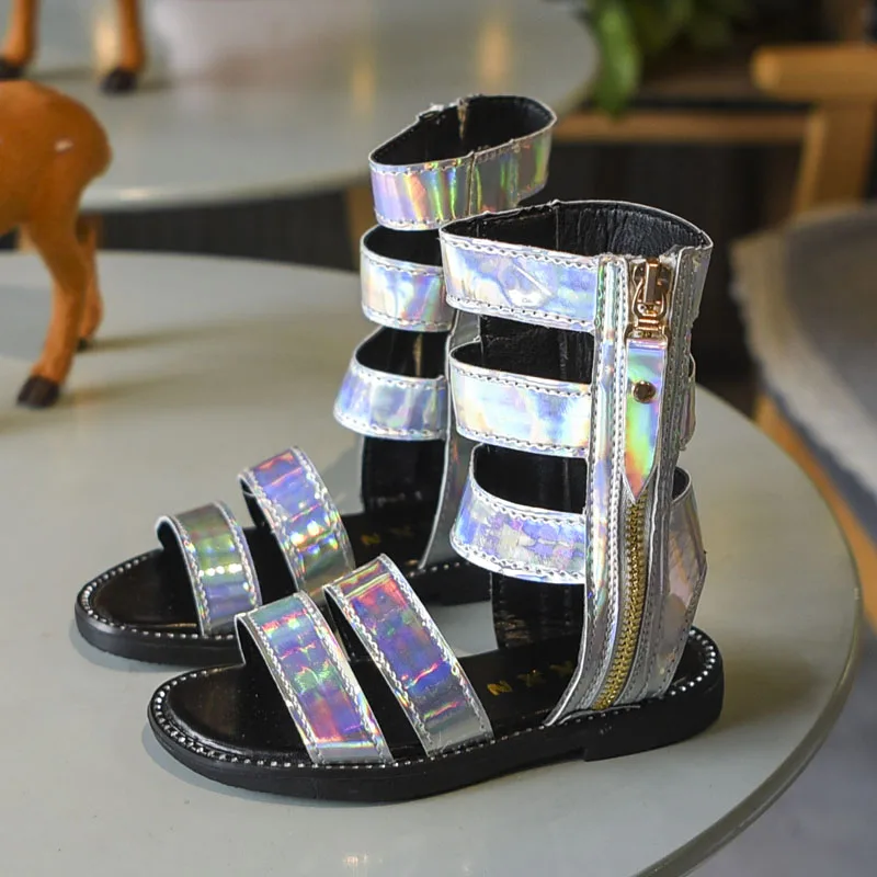 

KissMud 2019 Summer New Princess Fashion Roman Sandals Baby Girls Soft Non-Slip Flats Shoes Sliver Kids High Hop Pu Dress Shoes
