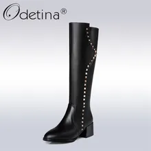 Odetina/ г. Новые модные сапоги до колена из натуральной кожи для верховой езды, женские сапоги с острым носком на не сужающемся книзу массивном каблуке, с заклепками, с боковой молнией Большой размер 45