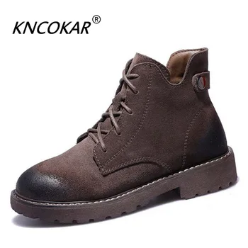 

Autumn And Winter New Vintage Martin Boots Ladies Short Boots Leather Flat Head Low Heel Black Locomotive Boots Size 35-40