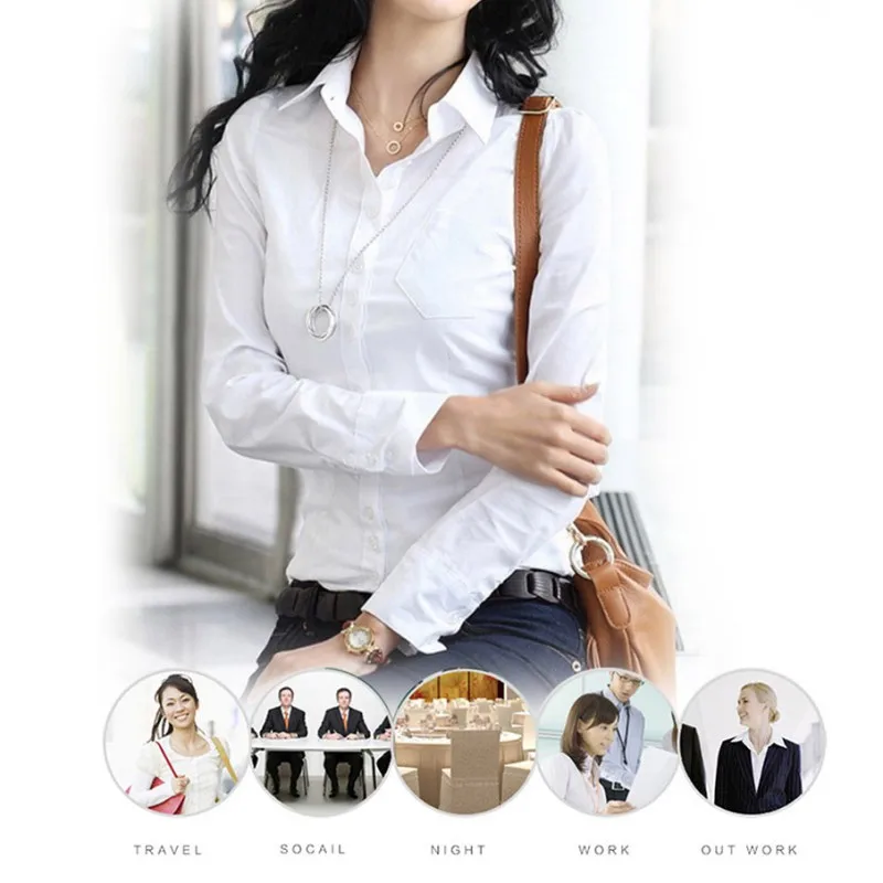 Модная летняя качественная Женская Офисная нарядная блуза с длинным рукавом и тонким воротником, Повседневная однотонная белая рубашка, топы