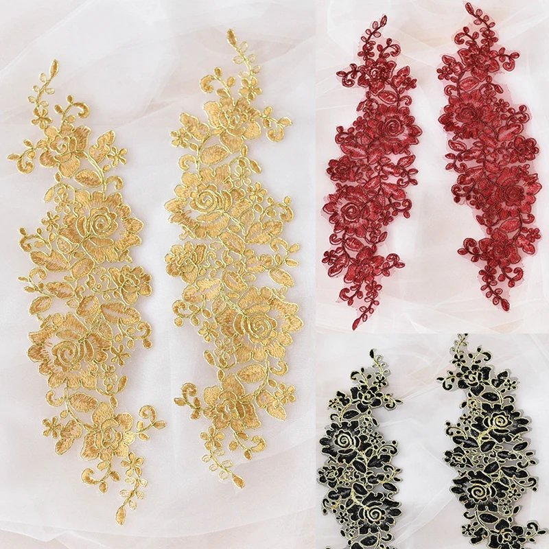 

6Pcs=3Pairs 32*10cm Embroidered Lace Applique Lace Trim For DIY Wedding Dress Off white Red Black Navy Pink Light Gray Color