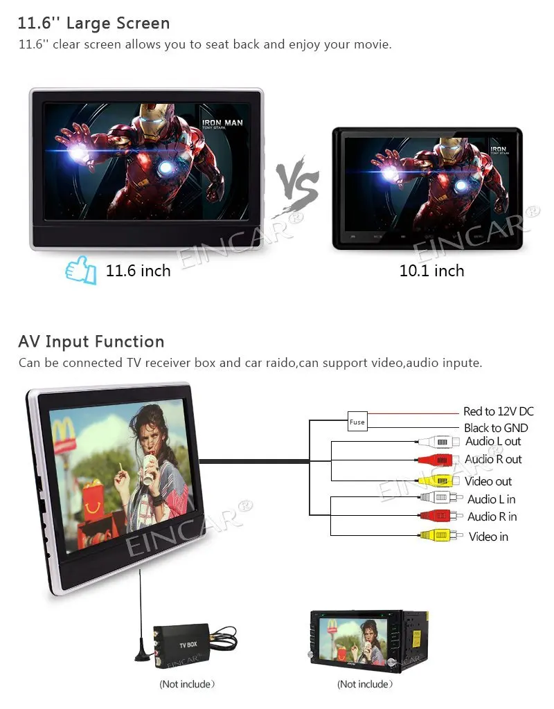 EinCar 11 6 дюймов lcd широкий экран Автомобильный подголовник dvd плеер x2 портативный