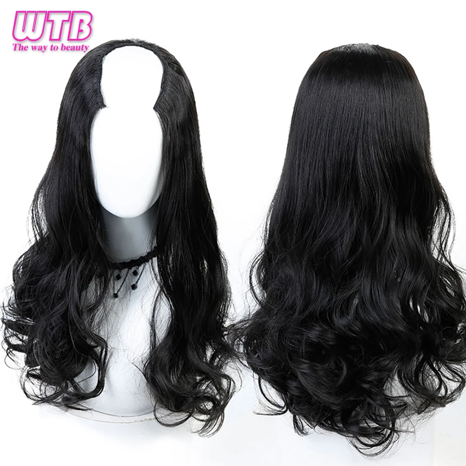 

WTB U Shaped Half Wig Long Wavy Curly Synthetic Hair Wigs High Temperature Fiber 3 Colors Fashion Women's Fake Hair