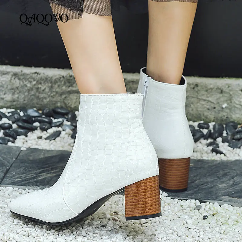 

Spring Autumn Fashion Women Boots Cosy Square High Heel Ankle Boots Round Toe Zipper Boots Ladies Shoes White Black