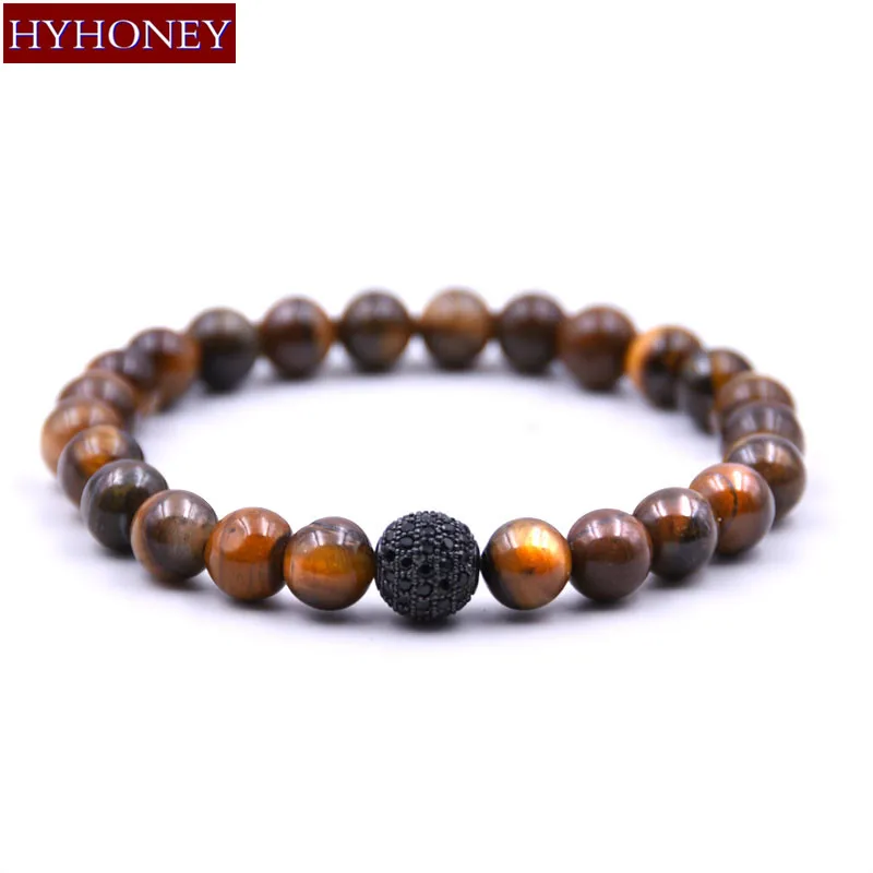 

HYHONEY Micro Pave Zirconia CZ Brass Metal Disco Ball Bracelet men Strand 8MM Lava Natural Stone Stretch Bracelets Jewelry