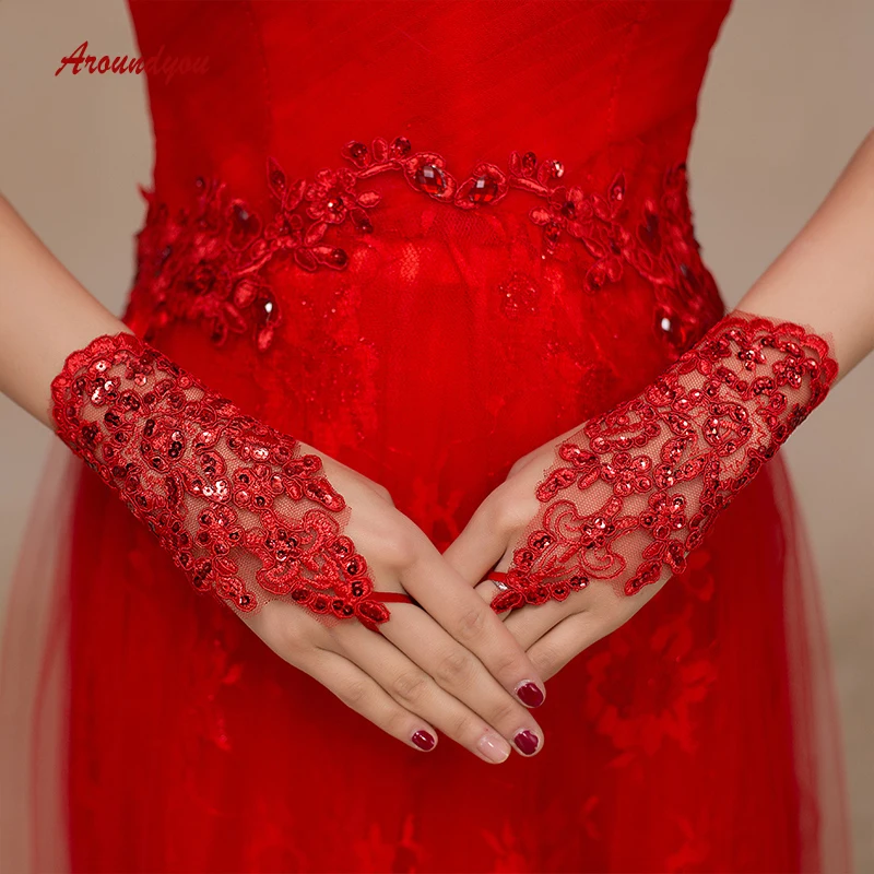 Красный белого цвета или цвета слоновой кости Короткие Свадебные перчатки без пальцев невеста, перчатки для невесты