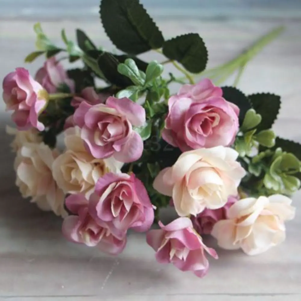 15 Silk Flowers Vintage Wedding Artificial Pink & Cream Rose Posy Bouquet Bunch in Artificial