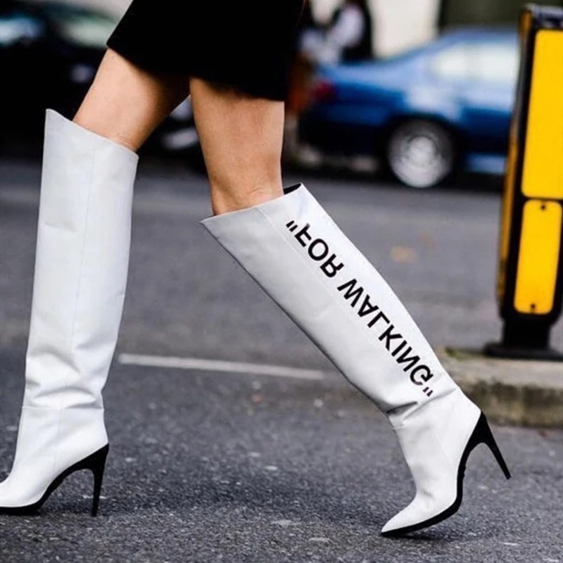 

Runway style winter black white Over The Knee Boots printed words thin high heels thigh high Boots women botas feminina