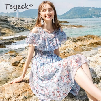 

Tcyeek Summer Dress for Women Clothes 2019 Elegant Ladies Chiffon Floral Print Midi Dresses Off Shoulder Ruffles Vestidos 69263