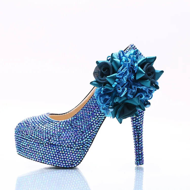 

Plus sizes diamond blue crystal rhinestones brides wedding pumps shoes HS102 stable platforms blue flower ladies party shoes