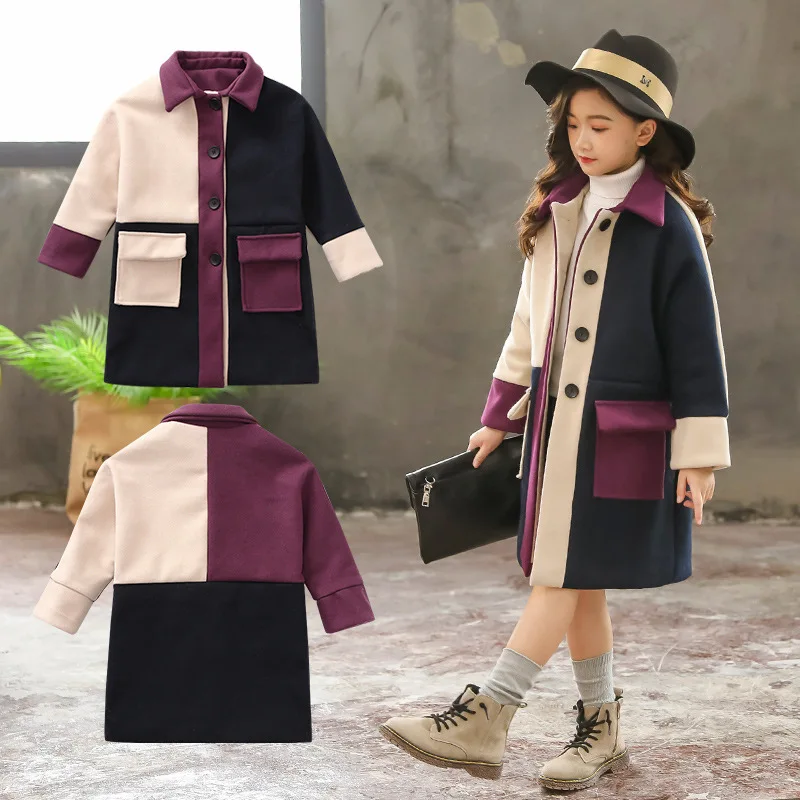 От 3 до 13 лет шерстяное пальто для девочек коллекция года; сезон осень-зима; модное однобортное шерстяное и Смешанное детское утепленное хлопковое лоскутное пальто; верхняя одежда