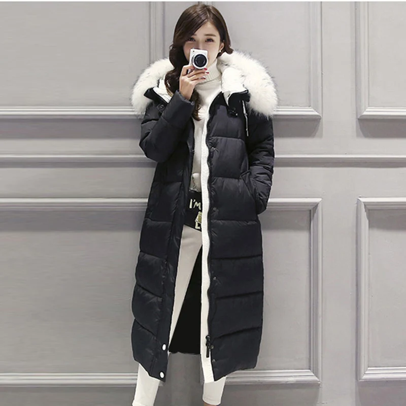 2018 New European Women's Down Jacket Female Thick Big Fur Collar Hoodie White Down Coat Parka Winter Jacket Women High Quality