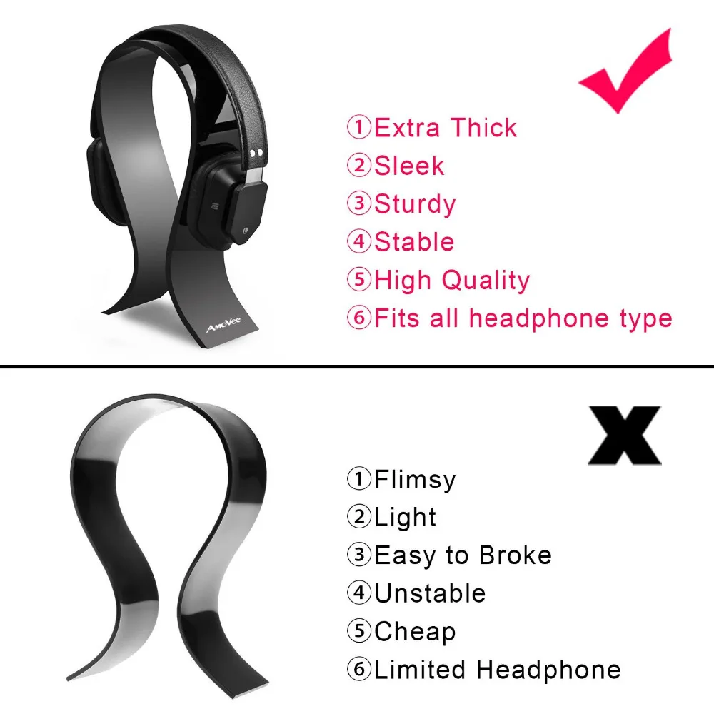 Acrylic Headphone Stand Gaming Headset Holder Hanger Extra Thick Black