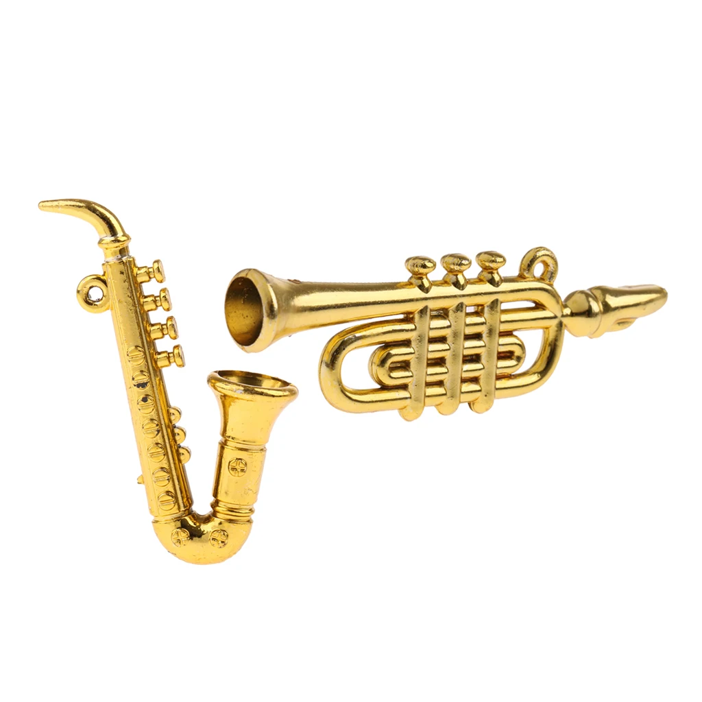 2Pcs Musical Instrument Models 1/12scale Dollhouse Miniatures Curved Pipe & Saxophone Model- Use as Great Gift for Kids Children