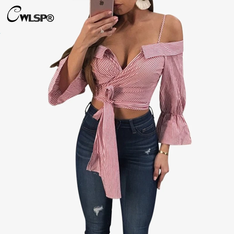Cwlsp ثلاثة أرباع مخطط بلوزة قميص المرأة مائل العنق slare كم القمم مع القوس الشاطئ أعلى محصول آخر الصيف blusas QL3516