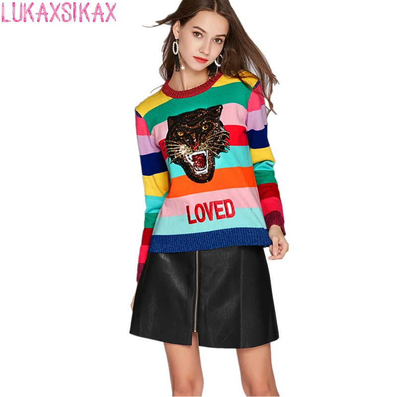 

LUKAXSIKAX FASHION 2019 New Autumn Winter Women Sweater High Quality Tiger Head Embroidery Rainbow Stripe Runway Sweater