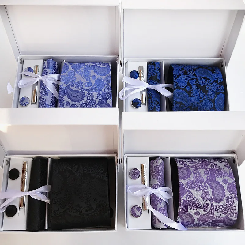  Male Fashion 3.35 Inch (8 Cm) Wide Male Cashew Neckcloth Handkerchief Cufflinks Gift Box Set for Bu