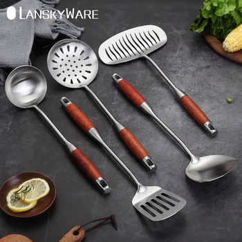 

LANSKYWARE 304 Stainless Steel Spatula Ladle Non-Slip Wooden Handle Kitchen Cooking Shovel Tool Kitchenware Set Kitchen Utensils