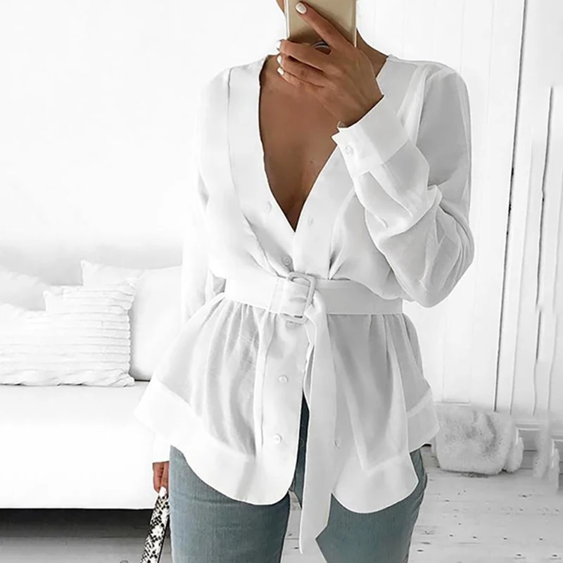 

Laamei Women 2019 White Chic Tunic Shirt With Belt V-neck Blouse Long Sleeve Peplum Sexy Top OL Workwear Mujer Blusas Shirts