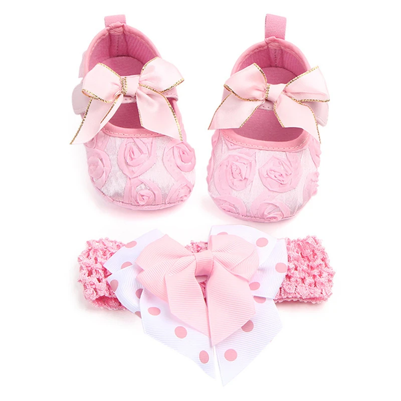 

Baby Girls Shoes Toddler Kids Sweet Floral Newborn Hook Loop Walking Soft Shoes Bow Ribbon First Walkers Headwear Autumn Spring