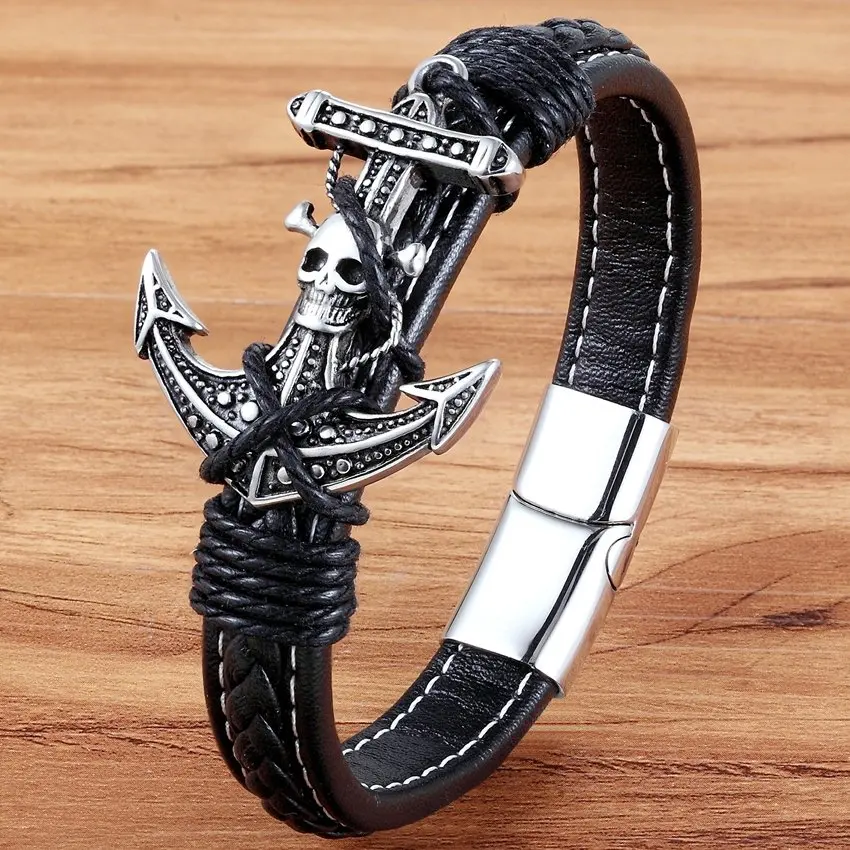 

XQNI Skeleton Anchor Stitching Bundling Bangle 19/21CM Genuine Leather Bracelet For Men Fashion Jewelry pulseiras masculina