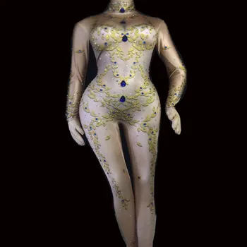 

Bright Rhinestones Gold Jumpsuit Stretch Leggings Nightclub Singer Dancer Show Wear Women's Prom Party Sexy Festival Bodysuit DJ