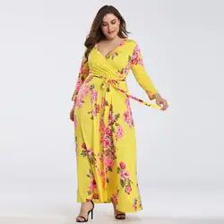 Новая Мода Boho женское плюс размер длинное платье Лето v-образный вырез длинный рукав свободный халат Femme сексуальное элегантное желтое