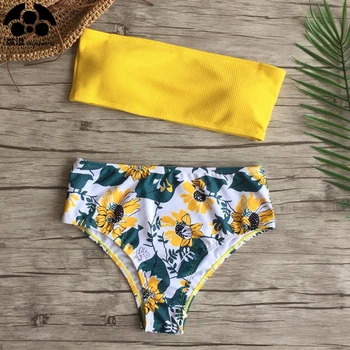 

QIANG YI 2019 Summer Bandeau Sexy Bikini Set Push Up Swimwear Women Swimsuit Female Strapless Bathing Suit Floral Print Beach