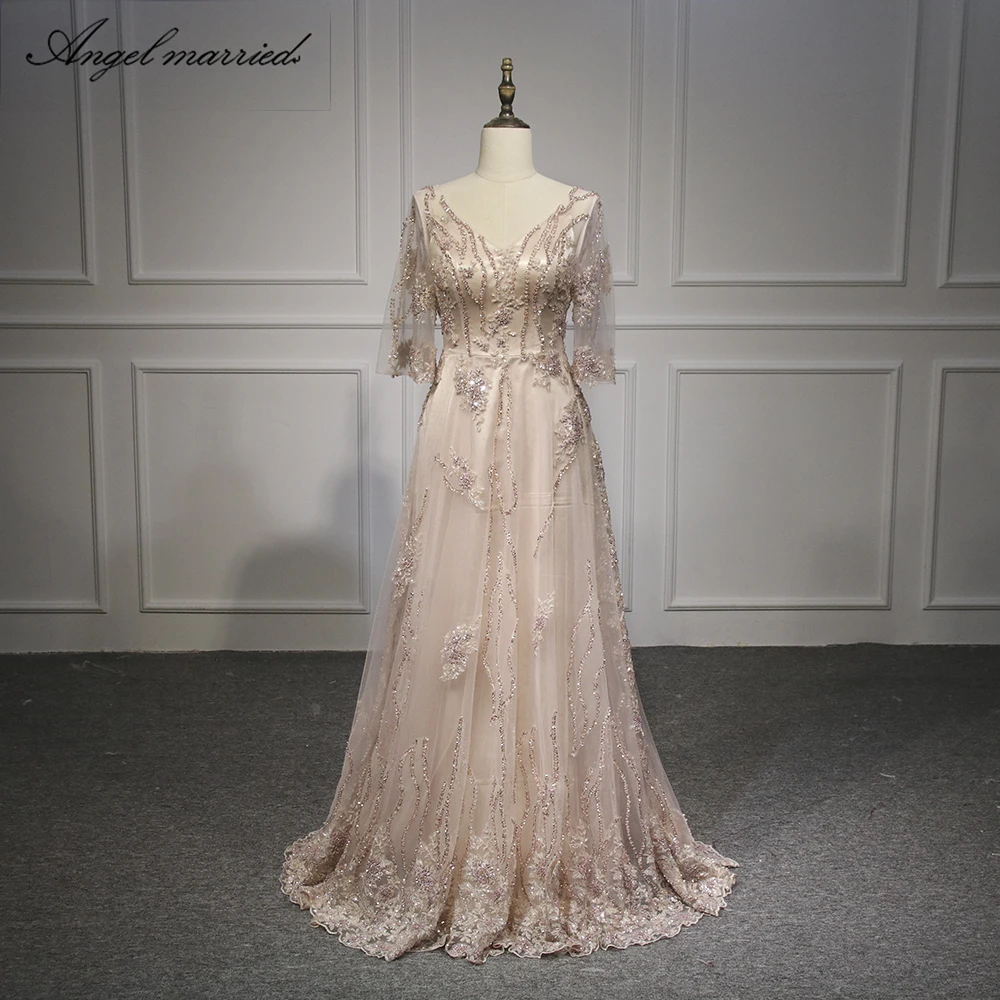 

Angel married evening dress back open prom dresses lace half sleeve women gown formal party dresses vestido de festa longo