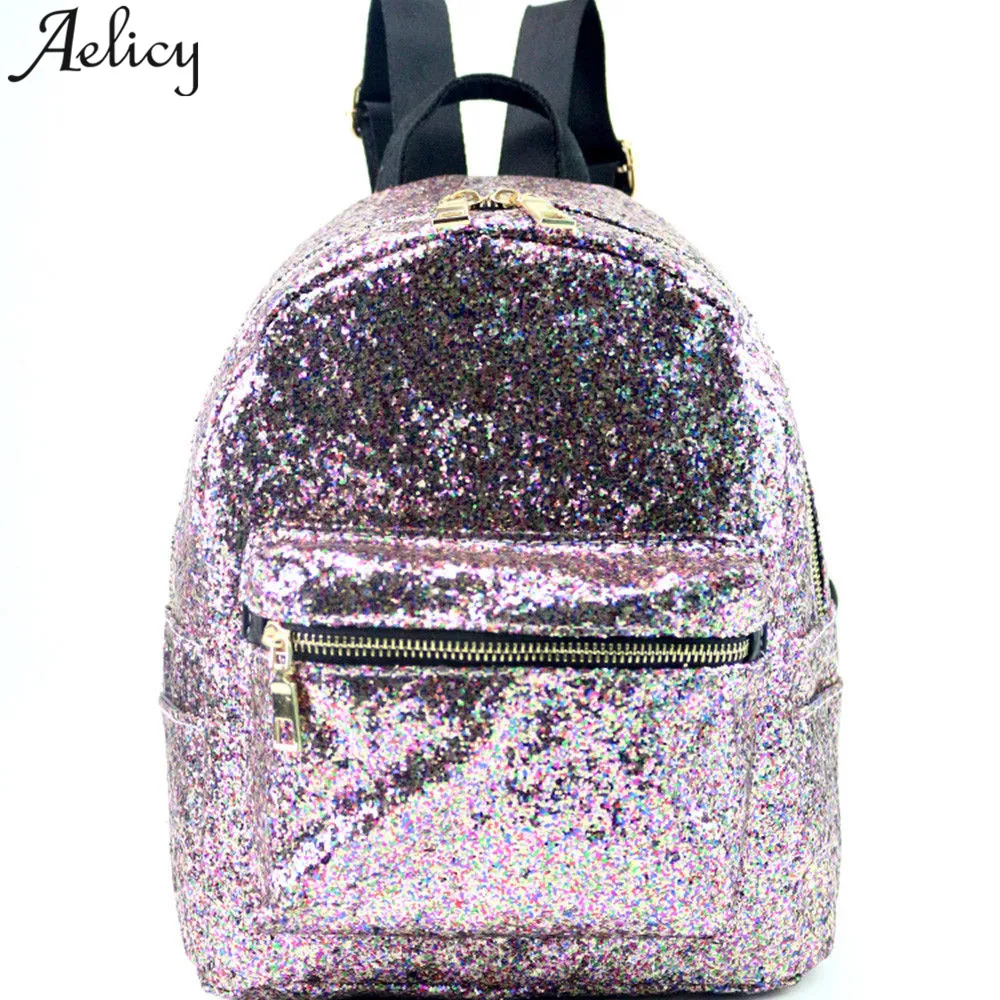 Aelicy Mini PU+Sequins Backpack Women School Bags Princess Bling