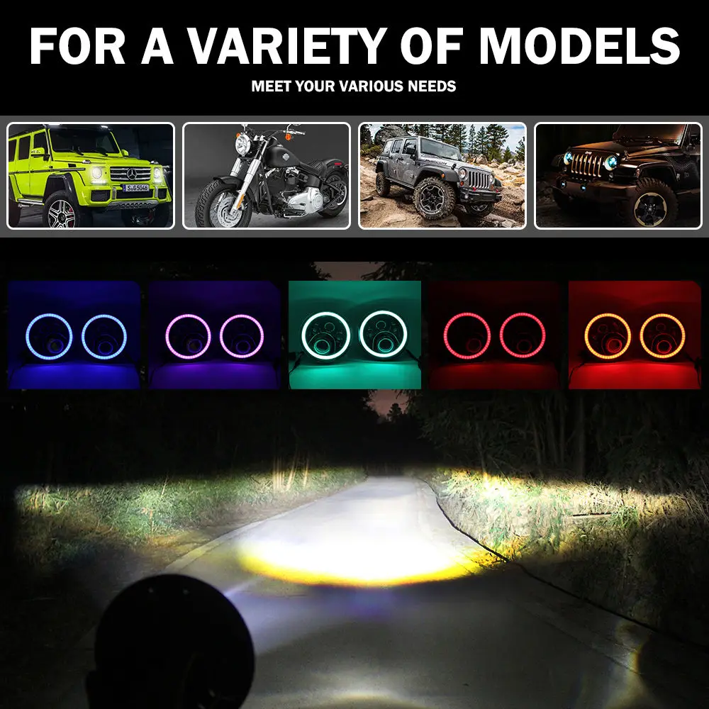  RGB Halo 7 Inch Led Headlight - Plug And Play Bluetooth Led Angel Eyes Headlight Sealed Beam For Je - 32845124322