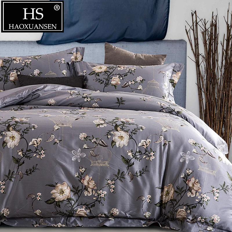

HS Pastoral Style Camellia Pattern 100S Reactive Print 4pcs Bedding Sets 100% Cotton Duvet Cover Bed Sheet Pillowcase Queen King