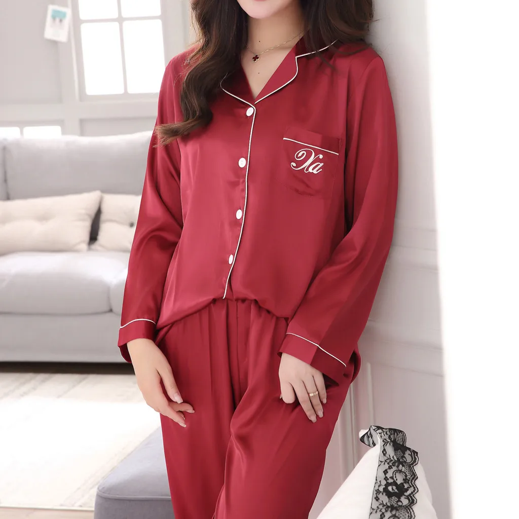 Женская Повседневная Весенняя однотонная удобная домашняя пижама с длинными рукавами и отворотом, пижамный комплект для влюбленных, женская шелковая домашняя пижама