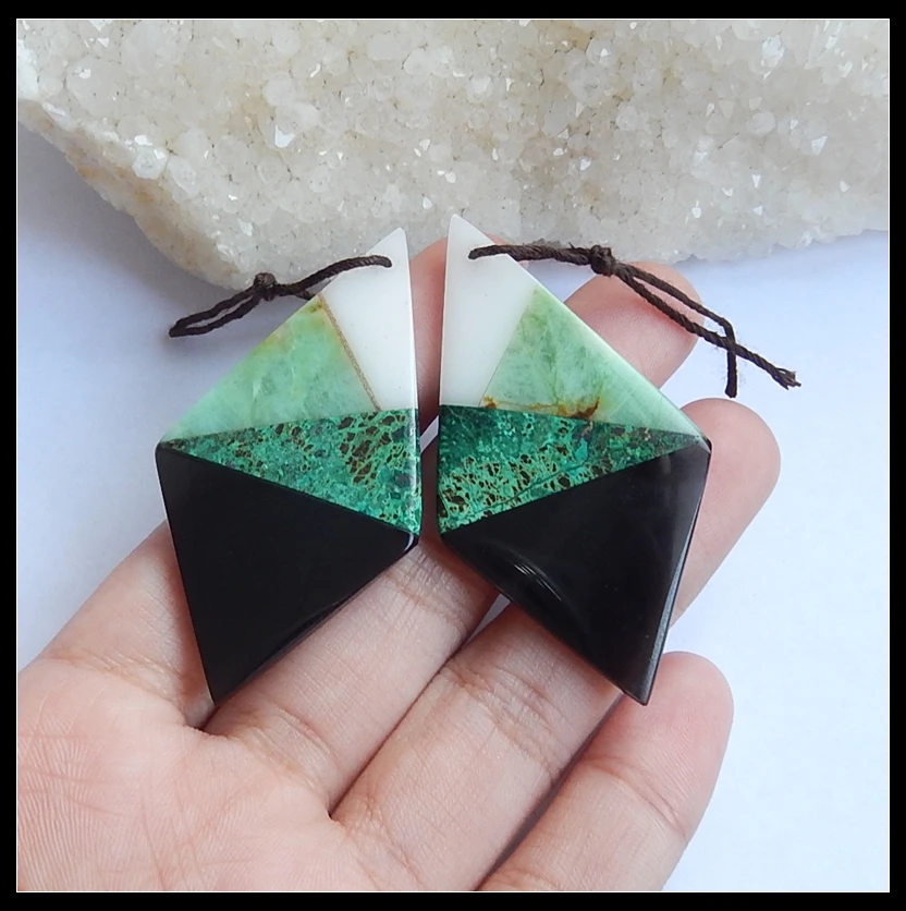 

New Design Natural Stone White Jade And African Turquoise Chrysocolla Obsidian Front Drilled Earrings 54x29x3mm 12.9g