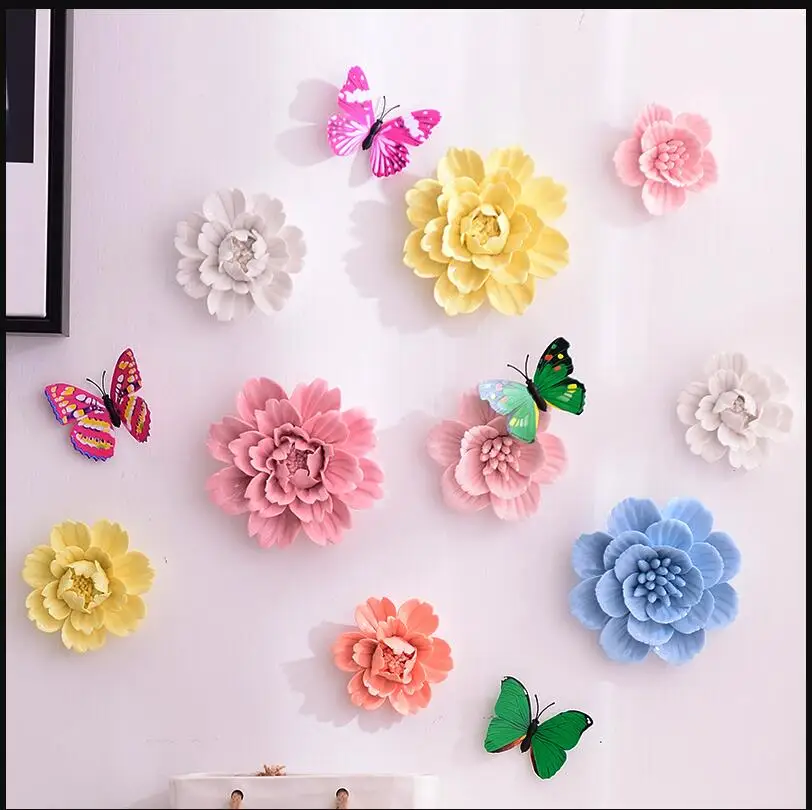 Pastoral 3D Ceramic Flower Wall Sticker Crafts Restaurant Bar Wall Hanging Ornaments Home Livingroom Mural Decoration Art