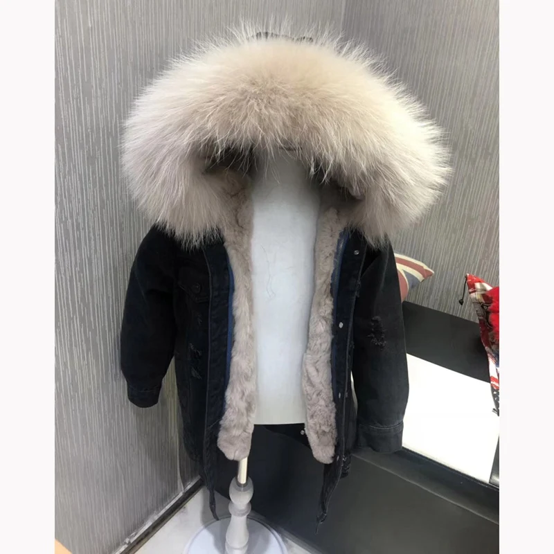 child winter fur jackets real fur big hooded natural rex rabbit fur lining boy and gilr fashion denim outwear thick warm parka