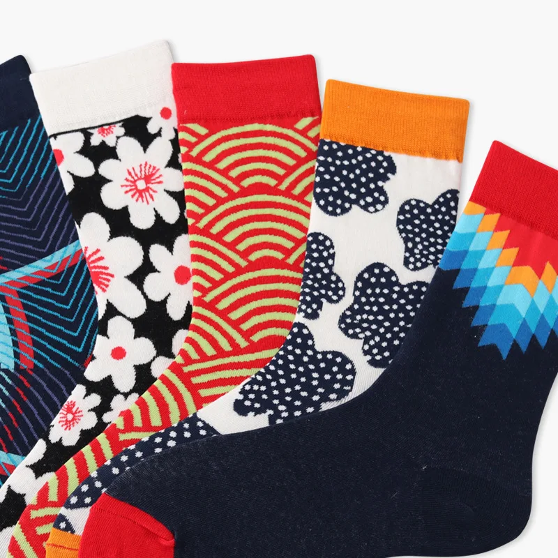 Новое поступление, вязаные женские носки из чистого хлопка, Разноцветные носки с цветами, креативные узоры, лето, осень, зима