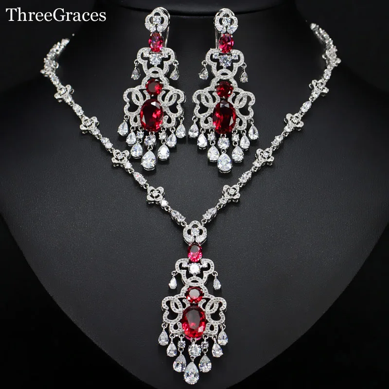 ThreeGraces African Women Luxury Cubic Zirconia Stone Super Long Earrings Necklace Statement Jewelry Sets For Wedding JS175 | Украшения и