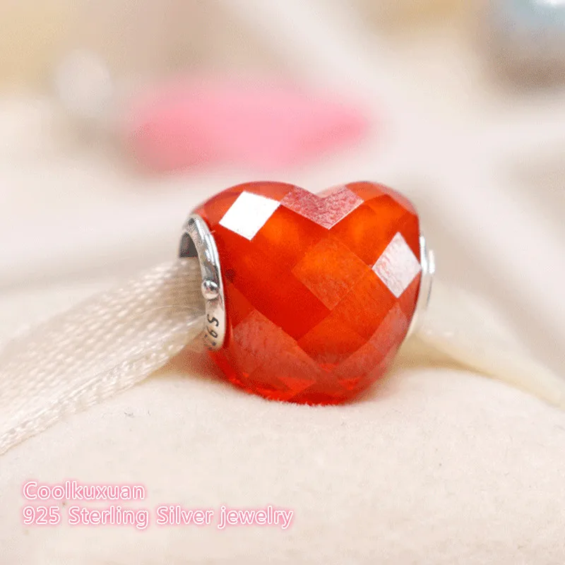 

2019 Summer Original 100% 925 Sterling Silver Shape of Love Charm, Orange Cubic Zirconia Beads Fit Pandora Charms Bracelet DIY